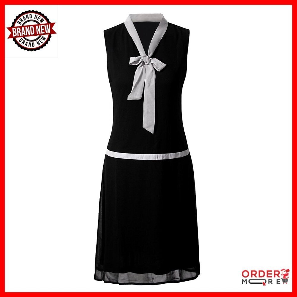Vintage 1920s Flapper Midi Dress V Neck Bow Gatsby Party Costume